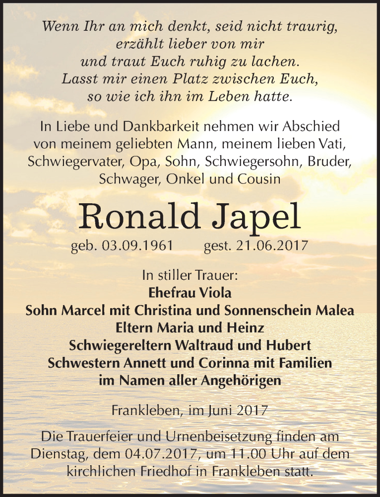  Traueranzeige für Ronald Japel vom 24.06.2017 aus Mitteldeutsche Zeitung Merseburg/Querfurt