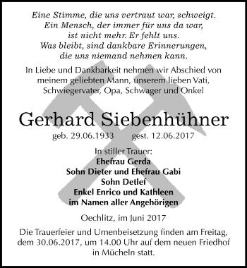 Traueranzeige von Gerhard Siebenhühner von Mitteldeutsche Zeitung Merseburg/Querfurt