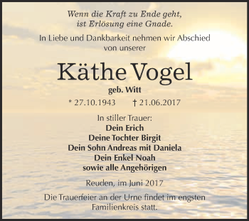 Traueranzeige von Käthe Vogel von WVG - Wochenspiegel Wittenberg