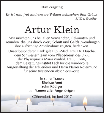 Traueranzeige von Artur Klein von Mitteldeutsche Zeitung Merseburg/Querfurt