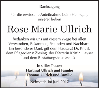 Traueranzeige von Rose Marie Ullrich von WVG - Wochenspiegel Quedlinburg