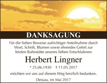 Traueranzeige von Herbert Lingner von WVG - Wochenspiegel Dessau / Köthen