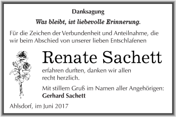 Traueranzeige von Renate Sachett von Wochenspiegel Mansfelder Land