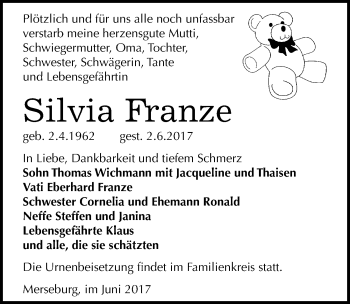Traueranzeige von Silvia Franze von Mitteldeutsche Zeitung Merseburg/Querfurt