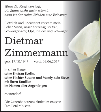 Traueranzeige von Dietmar Zimmermann von WVG - Wochenspiegel NMB / WSF / ZTZ