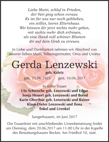 Traueranzeige von Gerda Lenzewski von Mitteldeutsche Zeitung Sangerhausen