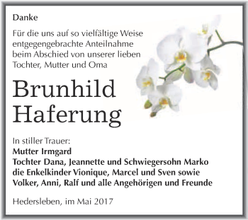 Traueranzeige von Brunhild Haferung von WVG - Wochenspiegel Quedlinburg