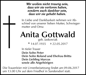 Traueranzeige von Anita Gottwald von Mitteldeutsche Zeitung Bitterfeld
