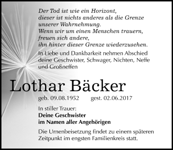 Traueranzeige von Lothar Bäcker von Mitteldeutsche Zeitung Bitterfeld