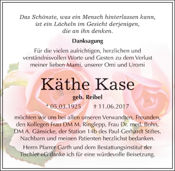 Traueranzeige von Käthe Kase von Mitteldeutsche Zeitung Wittenberg