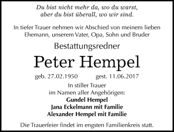 Traueranzeige von Peter Hempel von Mitteldeutsche Zeitung Merseburg/Querfurt
