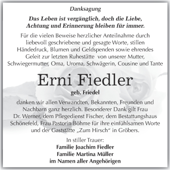 Traueranzeige von Erni Fiedler von WVG - Wochenspiegel Merseburg