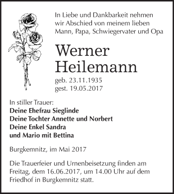 Traueranzeige von Werner Heilemann von WVG - Wochenspiegel Bitterfeld