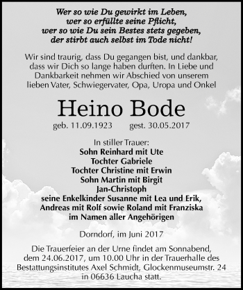 Traueranzeige von Heino Bode von Mitteldeutsche Zeitung Naumburg/Nebra