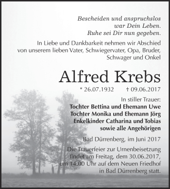 Traueranzeige von Alfred Krebs von Super Sonntag Merseburg