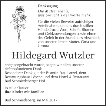 Traueranzeige von Hildegard Wutzler von WVG - Wochenspiegel Wittenberg