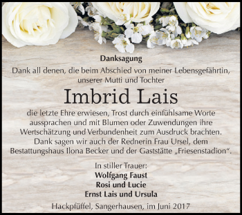 Traueranzeige von Imbrid Lais von Super Sonntag SGH Mansf. Land