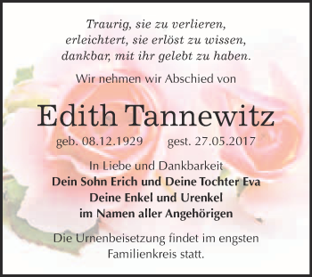 Traueranzeige von Edith Tannewitz von WVG - Wochenspiegel Bitterfeld