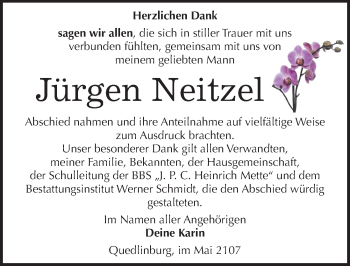 Traueranzeige von Jürgen Neitzel von Mitteldeutsche Zeitung Quedlinburg
