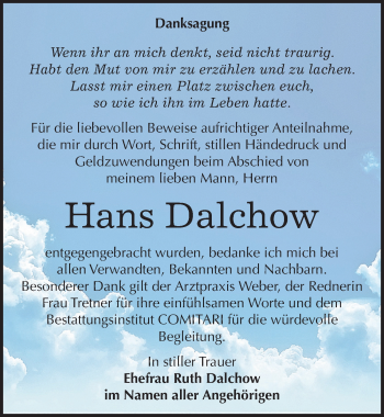 Traueranzeige von Hans Dalchow von Mitteldeutsche Zeitung Weißenfels