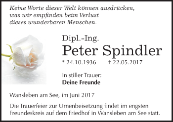 Traueranzeige von Peter Spindler von Mitteldeutsche Zeitung Mansfelder Land