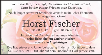 Traueranzeige von Horst Fischer von Mitteldeutsche Zeitung Quedlinburg
