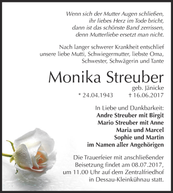 Traueranzeige von Monika Streuber von WVG - Wochenspiegel Dessau / Köthen