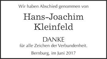 Traueranzeige von Hans-Joachim Kleinfeld von Super Sonntag Bernburg