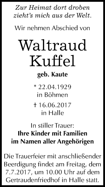 Traueranzeige von Waltraud Kuffel von Mitteldeutsche Zeitung Halle/Saalkreis