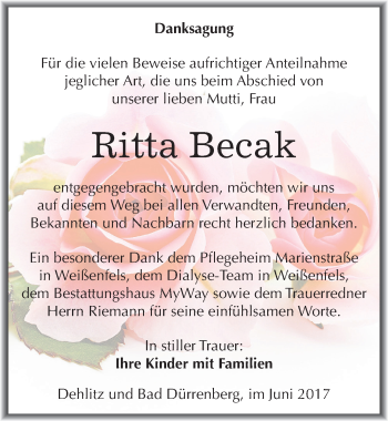 Traueranzeige von Ritta Becak von Mitteldeutsche Zeitung Weißenfels
