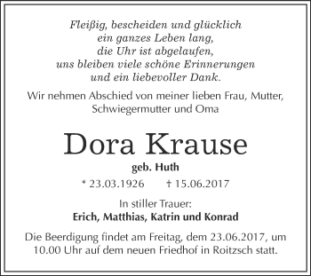 Traueranzeige von Dora Krause von WVG - Wochenspiegel Bitterfeld
