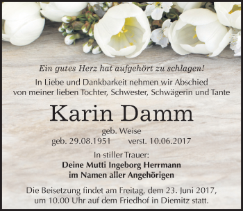 Traueranzeige von Karin Damm von Mitteldeutsche Zeitung Halle/Saalkreis