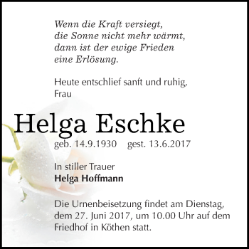 Traueranzeige von Helga Eschke von WVG - Wochenspiegel Dessau / Köthen