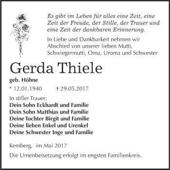 Traueranzeige von Gerda Thiele von WVG - Wochenspiegel Wittenberg