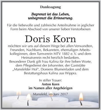 Traueranzeige von Doris Korn von Mitteldeutsche Zeitung Mansfelder Land
