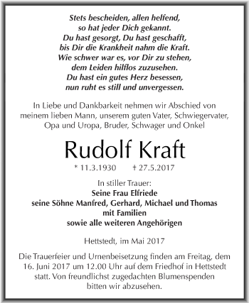 Traueranzeige von Rudolf Kraft von Super Sonntag SGH Mansf. Land