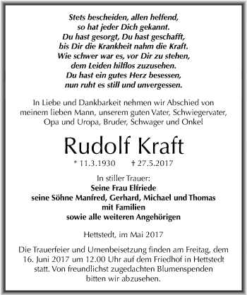 Traueranzeige von Rudolf Kraft von Mitteldeutsche Zeitung Mansfelder Land