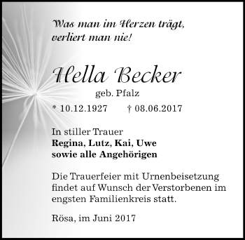 Traueranzeige von Hella Becker von Mitteldeutsche Zeitung Bitterfeld