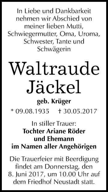 Traueranzeige von Waltraude Jäckel von Mitteldeutsche Zeitung Halle/Saalkreis