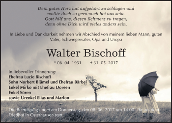 Traueranzeige von Walter Bischoff von Mitteldeutsche Zeitung Mansfelder Land