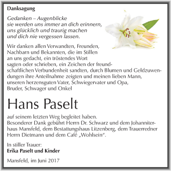 Traueranzeige von Hans Paselt von Super Sonntag SGH Mansf. Land