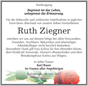 Traueranzeige von Ruth Ziegner von Mitteldeutsche Zeitung Mansfelder Land