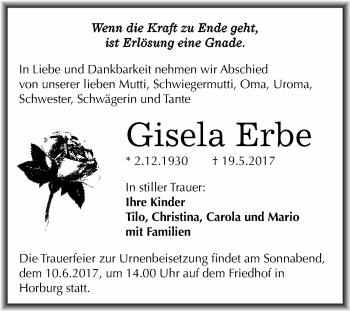 Traueranzeige von Gisela Erbe von WVG - Wochenspiegel Merseburg