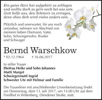 Traueranzeige von Bernd Warschkow von Mitteldeutsche Zeitung Wittenberg