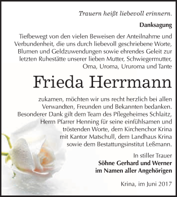 Traueranzeige von Frieda Herrmann von WVG - Wochenspiegel Bitterfeld