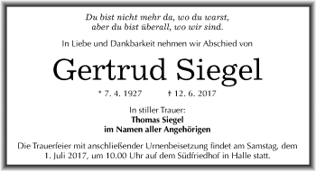 Traueranzeige von Gertrud Siegel von Mitteldeutsche Zeitung Halle/Saalkreis