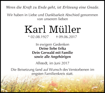 Traueranzeige von Karl Müller von Super Sonntag SGH Mansf. Land