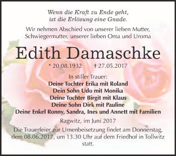 Traueranzeige von Edith Damaschke von Super Sonntag Merseburg
