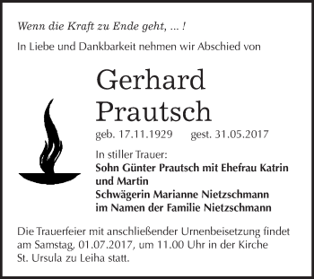 Traueranzeige von Gerhard Prautsch von WVG - Wochenspiegel Merseburg