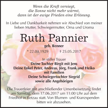 Traueranzeige von Ruth Pannier von WVG - Wochenspiegel Bitterfeld